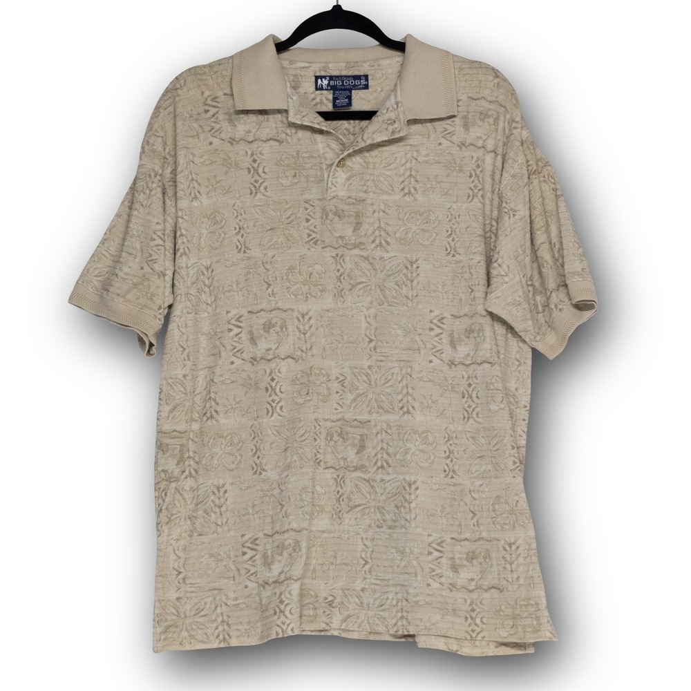 Big Dogs Polo Shirt Mens Medium Beige Excellent Tropical Floral Short Sleeve